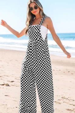 Sale Dear-Lover Checkered Print Pocketed Wide Leg Jumpsuit Black