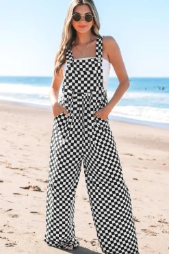 Sale Dear-Lover Checkered Print Pocketed Wide Leg Jumpsuit Black