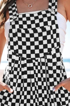 Sale Dear-Lover Checkered Print Pocketed Wide Leg Jumpsuit Black