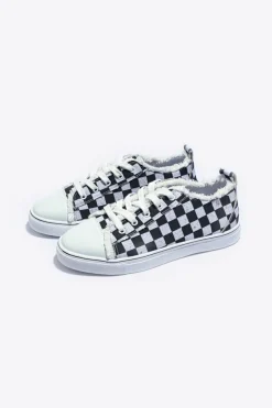 New Dear-Lover Checkered Print Raw Edge Lace-up Canvas Shoes Black