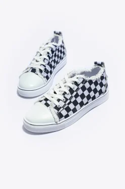 New Dear-Lover Checkered Print Raw Edge Lace-up Canvas Shoes Black