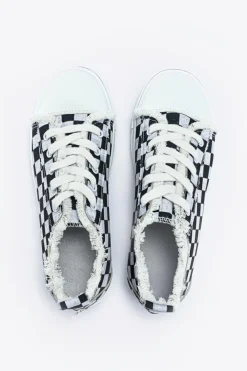 New Dear-Lover Checkered Print Raw Edge Lace-up Canvas Shoes Black