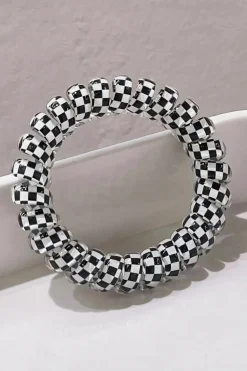 Online Dear-Lover Checkered Print Telephone Cord Spiral Hair Tie Black