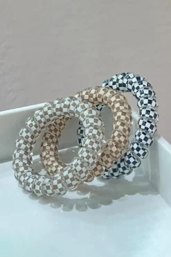 Online Dear-Lover Checkered Print Telephone Cord Spiral Hair Tie Black