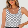 Discount Dear-Lover Checkered Print U Neck Cropped Tank Top Black