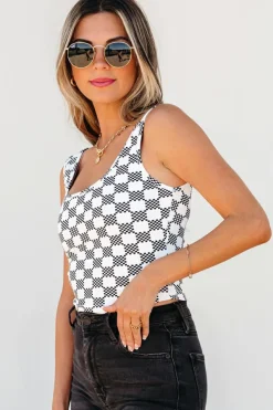 Discount Dear-Lover Checkered Print U Neck Cropped Tank Top Black