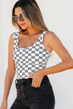 Discount Dear-Lover Checkered Print U Neck Cropped Tank Top Black