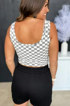 Discount Dear-Lover Checkered Print U Neck Cropped Tank Top Black