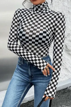 Sale Dear-Lover Checkered Printed Long Sleeve High Neck Bodysuit Black