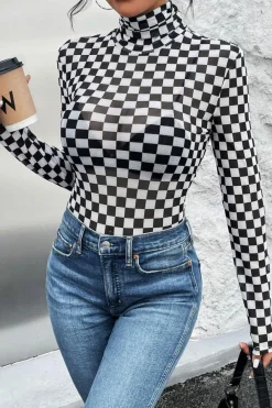 Sale Dear-Lover Checkered Printed Long Sleeve High Neck Bodysuit Black