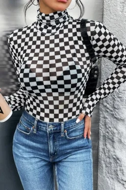 Sale Dear-Lover Checkered Printed Long Sleeve High Neck Bodysuit Black