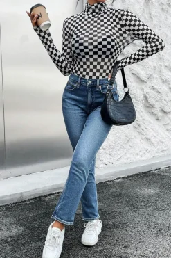 Sale Dear-Lover Checkered Printed Long Sleeve High Neck Bodysuit Black