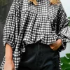 Fashion Dear-Lover Checkered Puff Sleeve Tiered Loose Babydoll Blouse Black