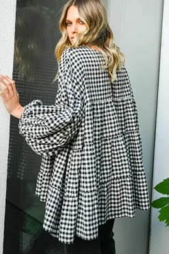 Fashion Dear-Lover Checkered Puff Sleeve Tiered Loose Babydoll Blouse Black