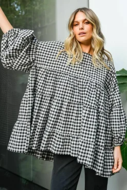 Fashion Dear-Lover Checkered Puff Sleeve Tiered Loose Babydoll Blouse Black