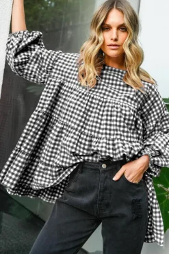 Fashion Dear-Lover Checkered Puff Sleeve Tiered Loose Babydoll Blouse Black