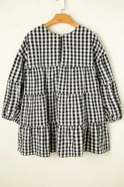 Fashion Dear-Lover Checkered Puff Sleeve Tiered Loose Babydoll Blouse Black