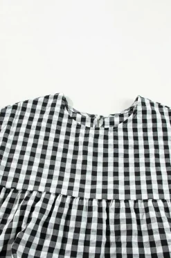 Fashion Dear-Lover Checkered Puff Sleeve Tiered Loose Babydoll Blouse Black