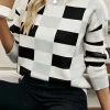 Clearance Dear-Lover Checkered Ribbed Edge O Neck Drop Shoulder Sweater Black