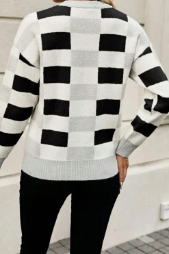Clearance Dear-Lover Checkered Ribbed Edge O Neck Drop Shoulder Sweater Black