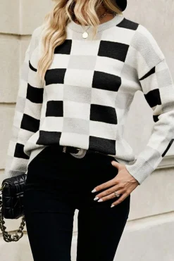 Clearance Dear-Lover Checkered Ribbed Edge O Neck Drop Shoulder Sweater Black