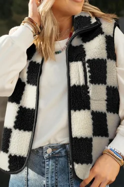 Sale Dear-Lover Checkered Sherpa Collared Jacket Vest Black