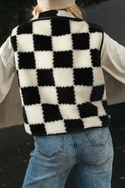 Sale Dear-Lover Checkered Sherpa Collared Jacket Vest Black