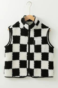 Sale Dear-Lover Checkered Sherpa Collared Jacket Vest Black