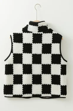 Sale Dear-Lover Checkered Sherpa Collared Jacket Vest Black