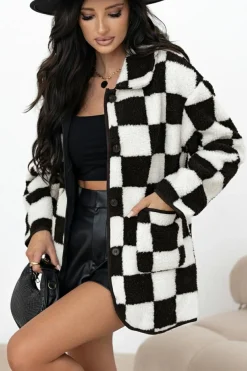 Online Dear-Lover Checkered Side Pockets Collared Buttoned Fleece Jacket Black