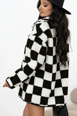 Online Dear-Lover Checkered Side Pockets Collared Buttoned Fleece Jacket Black