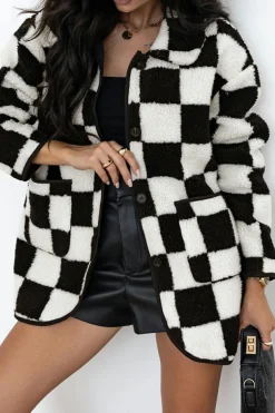 Online Dear-Lover Checkered Side Pockets Collared Buttoned Fleece Jacket Black