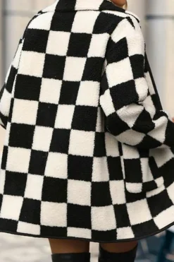 Online Dear-Lover Checkered Side Pockets Collared Buttoned Fleece Jacket Black