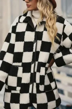 Online Dear-Lover Checkered Side Pockets Collared Buttoned Fleece Jacket Black