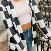 Fashion Dear-Lover Checkered Waffle Knit Thumbhole Open Front Cardigan Black
