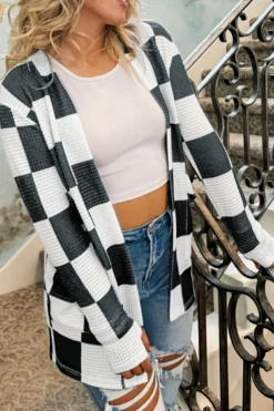 Fashion Dear-Lover Checkered Waffle Knit Thumbhole Open Front Cardigan Black