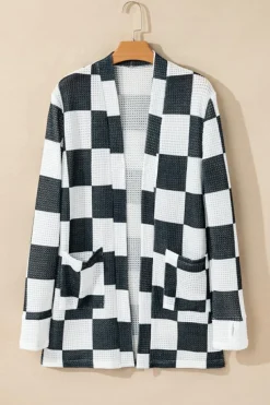 Fashion Dear-Lover Checkered Waffle Knit Thumbhole Open Front Cardigan Black