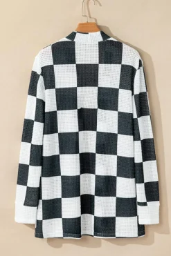Fashion Dear-Lover Checkered Waffle Knit Thumbhole Open Front Cardigan Black