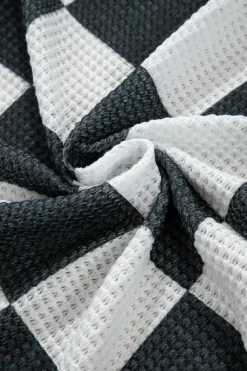 Fashion Dear-Lover Checkered Waffle Knit Thumbhole Open Front Cardigan Black