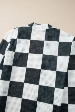 Fashion Dear-Lover Checkered Waffle Knit Thumbhole Open Front Cardigan Black