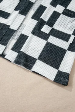 Fashion Dear-Lover Checkered Waffle Knit Thumbhole Open Front Cardigan Black