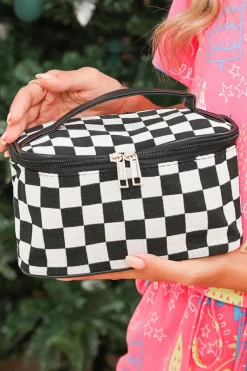 New Dear-Lover Checkered Zipper Large Cosmetic Bag with Handle Black