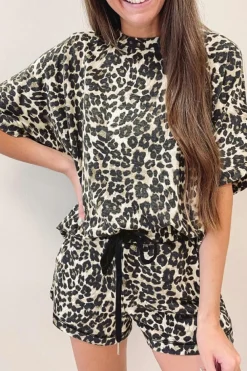 Best Dear-Lover Cheetah Printed Casual Tee and Shorts Lounge Set Black