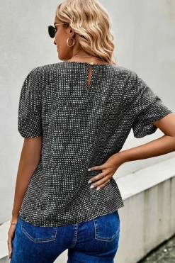 Discount Dear-Lover Cheetah Short Puff Sleeve Blouse Black