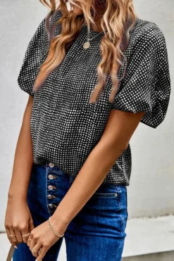 Discount Dear-Lover Cheetah Short Puff Sleeve Blouse Black