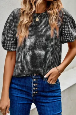 Discount Dear-Lover Cheetah Short Puff Sleeve Blouse Black