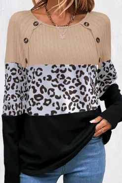 Clearance Dear-Lover Cheetah Textured Patchwork Buttoned Round Neck T Shirt Black