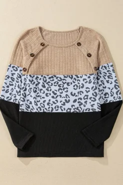 Clearance Dear-Lover Cheetah Textured Patchwork Buttoned Round Neck T Shirt Black