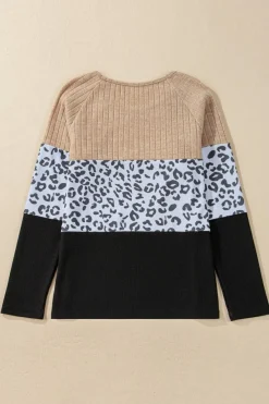 Clearance Dear-Lover Cheetah Textured Patchwork Buttoned Round Neck T Shirt Black