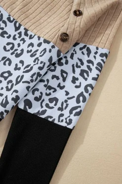 Clearance Dear-Lover Cheetah Textured Patchwork Buttoned Round Neck T Shirt Black
